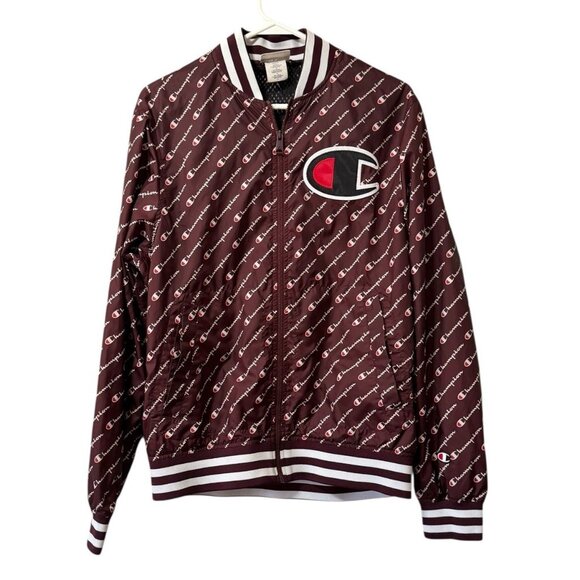 Champion Life All‎ Over Print Maroon Satin Baseball Jacket Mens Sz Medium Preppy - Picture 1 of 16